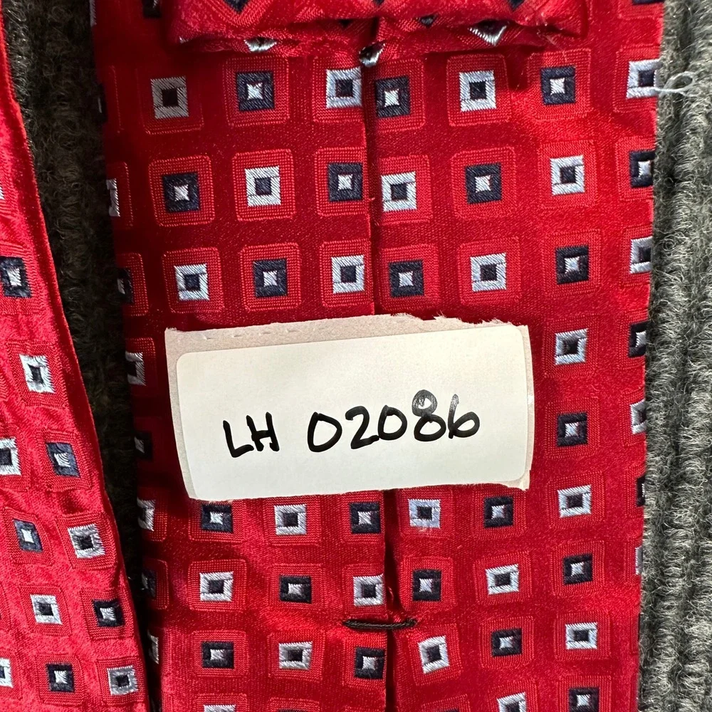 Cremieux Collection Mens Silk Tie Red Navy Blue Geometric Square Pattern